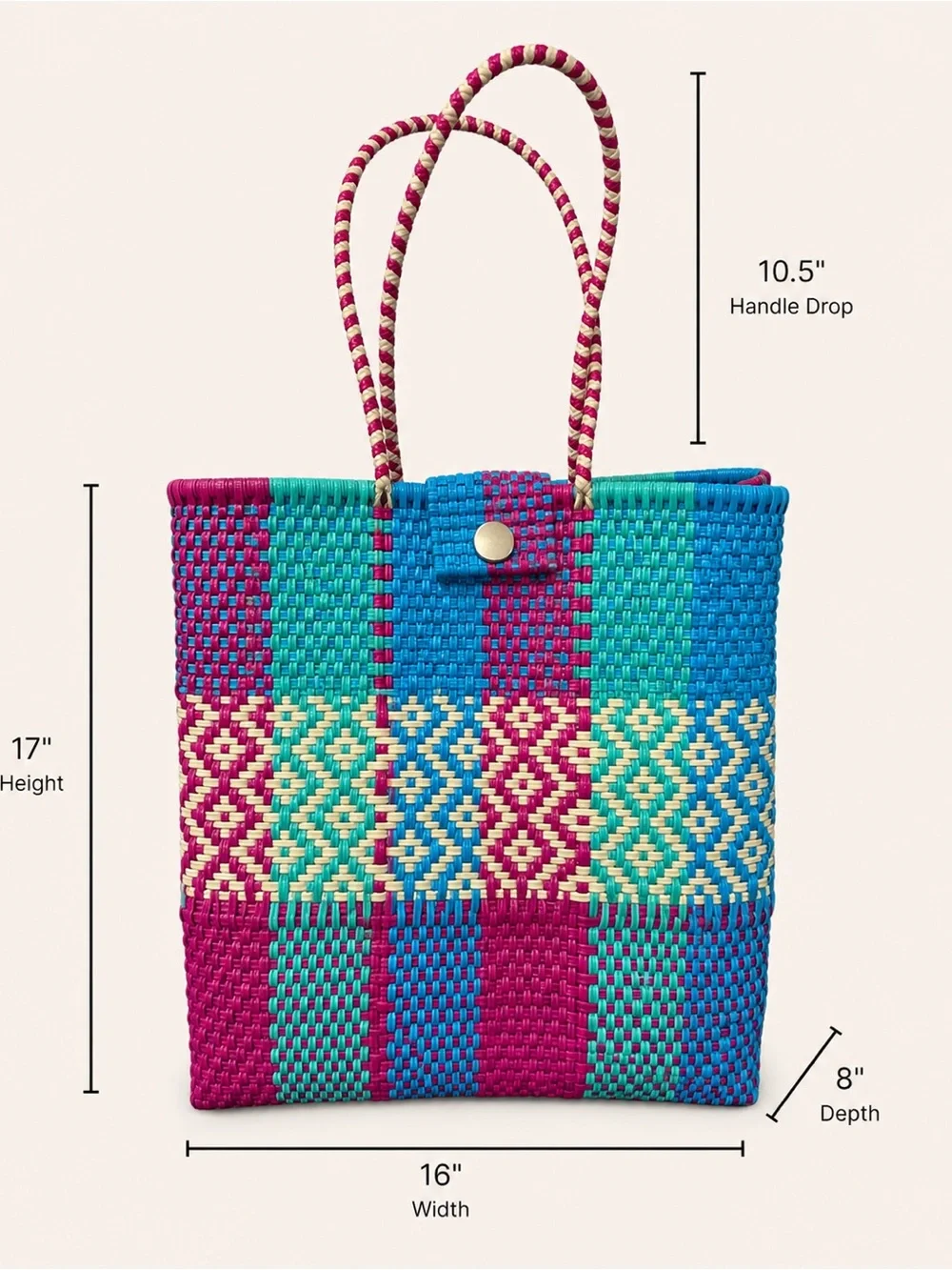 Handwoven Mexican Jumbo Tote Bag in Fuchsia, Teal & Blue